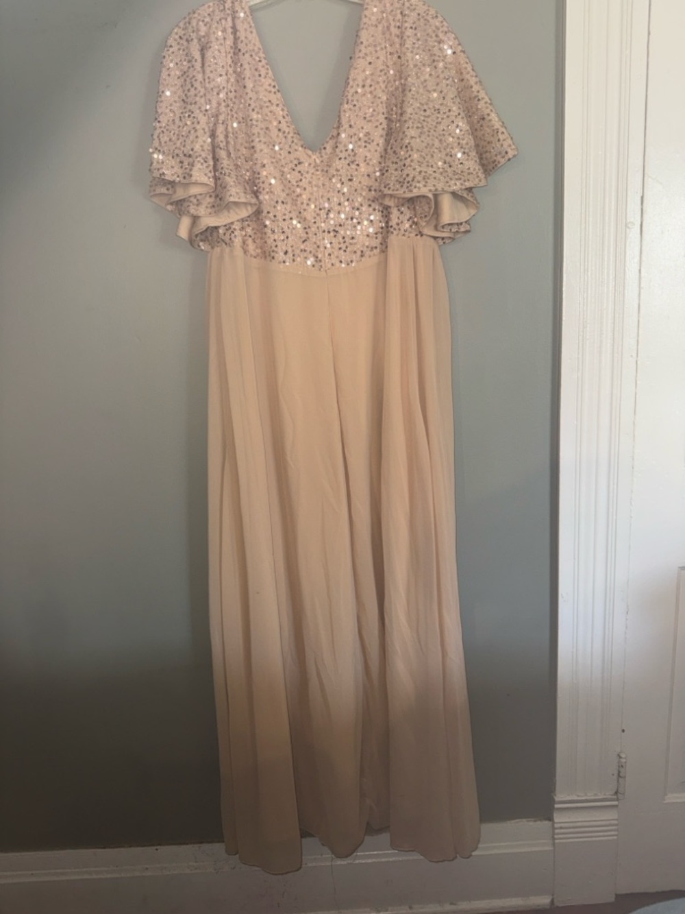SHEIN Blush Sequin Flutter Sleeve Evening Gown